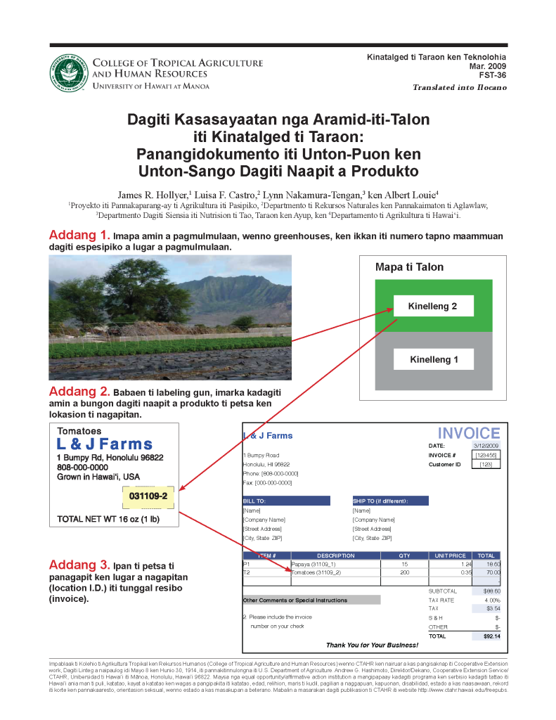 Dagiti Kasasayaatan nga Aramid-iti-Talon iti Kinatalged ti Taraon: Panangidokumento iti Unton-Puon ken Unton-Sango Dagiti Naapit a Produkto | Best on-farm food safety practices: Documenting trace-back and trace-forward of harvested produce