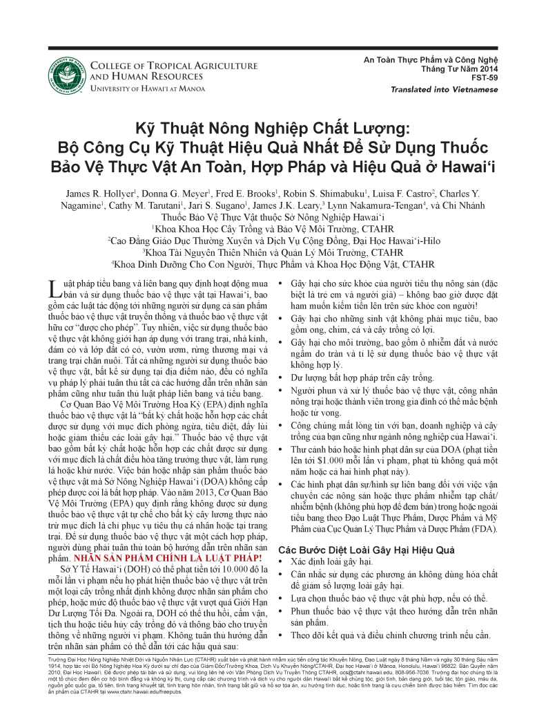Kỹ Thuật Nông Nghiệp Chất Lượng: Bộ Công Cụ Kỹ Thuật Hiệu Quả Nhất Để Sử Dụng Thuốc Bảo Vệ Thực Vật An Toàn, Hợp Pháp và Hiệu Quả ở Hawai‘i | Good Agricultural Practices: A Best Practices Kit for Safe, Legal, and Effective Pesticide Application in Hawai‘i